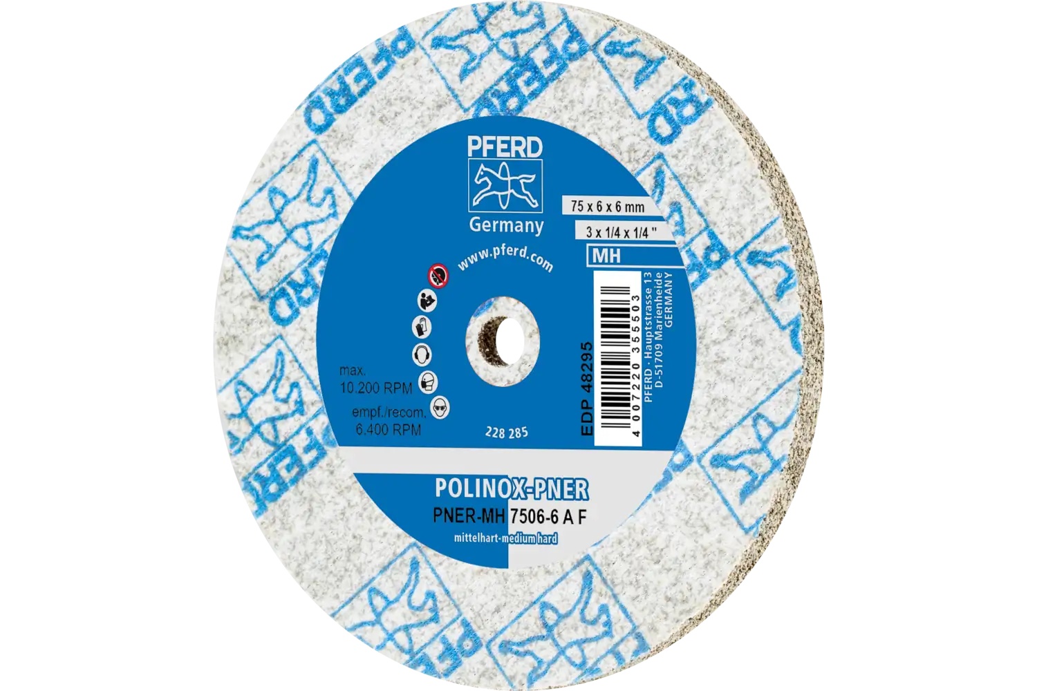 Picture of Pferd Polinox® Unitized Wheel, 3" X 1/4 X 1/4, Fine, Medium-Hard, 6Af, Aluminum Oxide